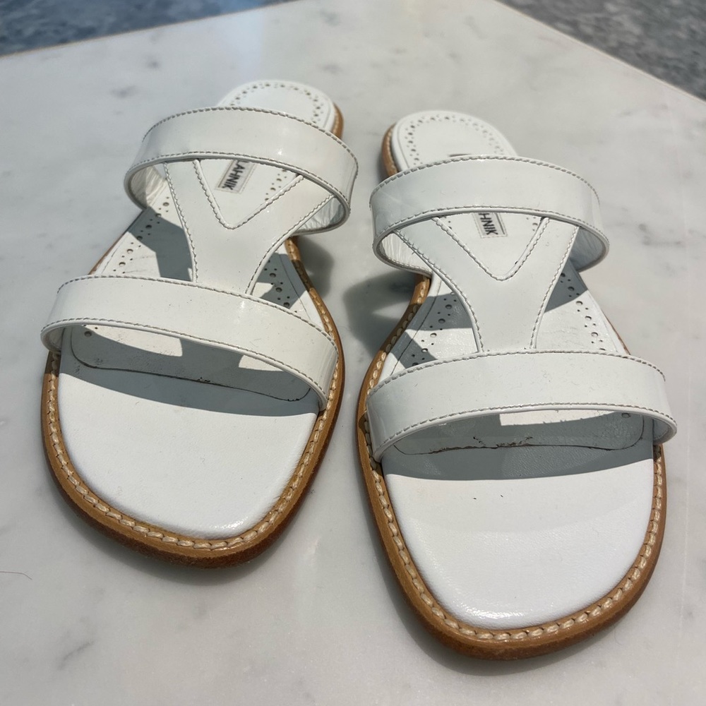 Manolo Blahnik white patent leather sandals